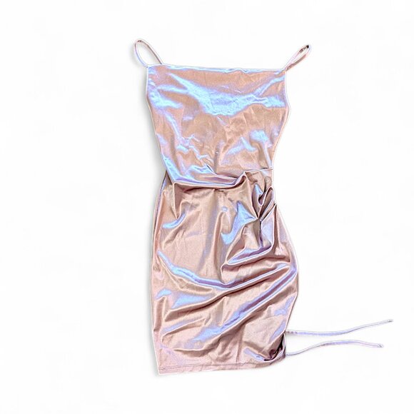 Size XS Emerald Sundae Mini Slip Dress Ruched Sleeveless Square Neck Satin Pink - Picture 1 of 4
